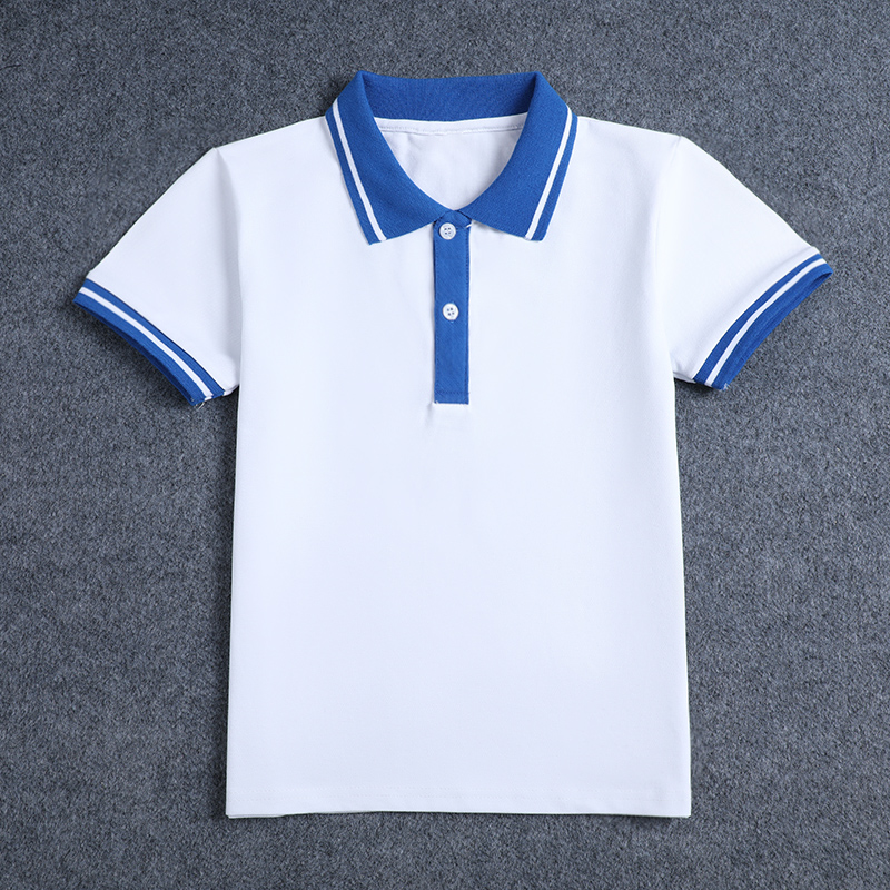 儿童校服短袖T恤POLO衫纯棉男女童白色蓝领园服中大童小学生班服