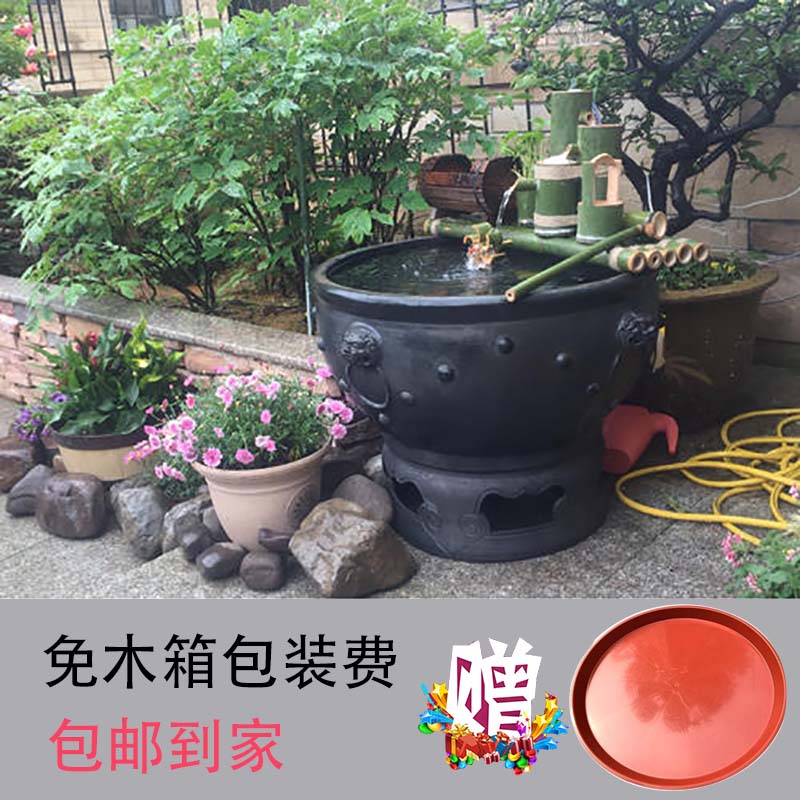 老北京虎头鱼盆金鱼泥瓦盆家用养鱼缸复古粗陶盆泥盆鱼缸黑陶瓦缸