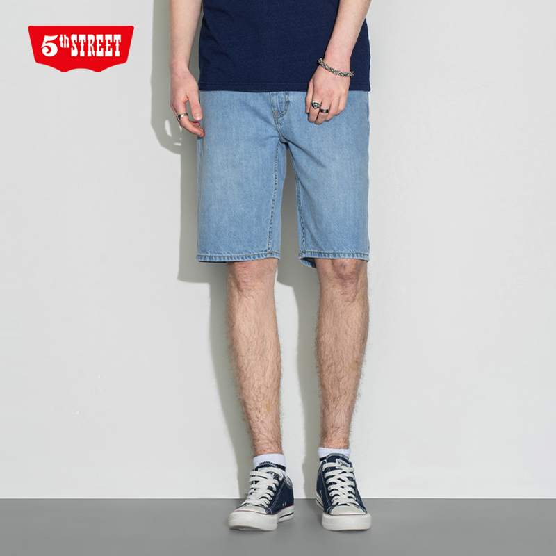 第五街夏季新款男装中腰时尚休闲直筒弹力牛仔短裤300099-212M3