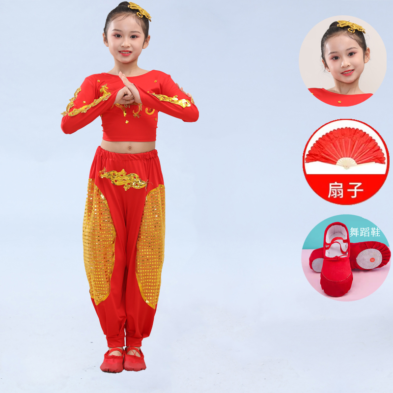 正品儿童演出服少年说扇子舞中国风中小学生表演服装打鼓服女童舞