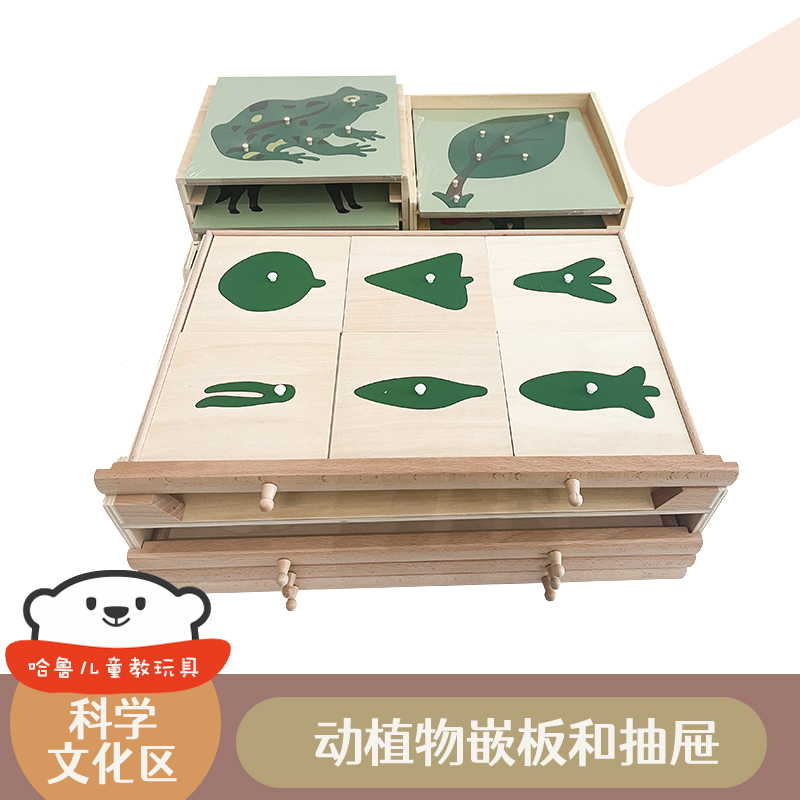 蒙氏木制动物植物嵌板拼图乌龟拼板手抓板儿童益智教玩具纸质卡片