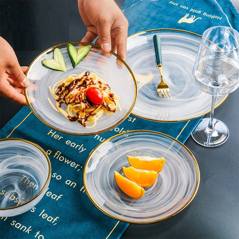 云彩金边盘玻璃餐具水晶果盘欧式西餐餐具盘日用水果盘