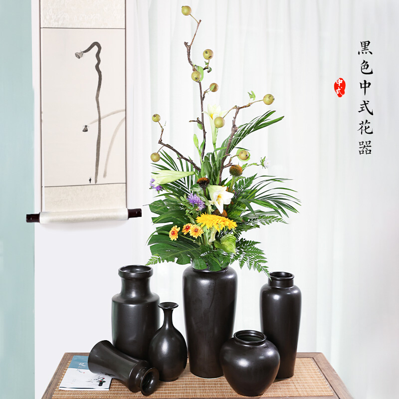 陶瓷花瓶摆件景德镇黑色禅意新中式鲜花干花客厅大插花器皿中国风