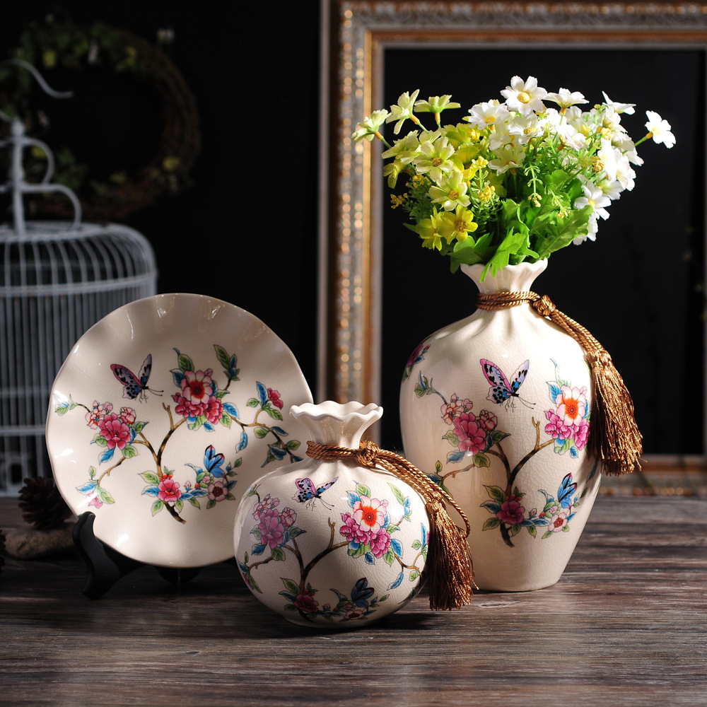 美式陶瓷花瓶三件套创意家居酒店装饰白瓷插花器工艺摆件假花花盆