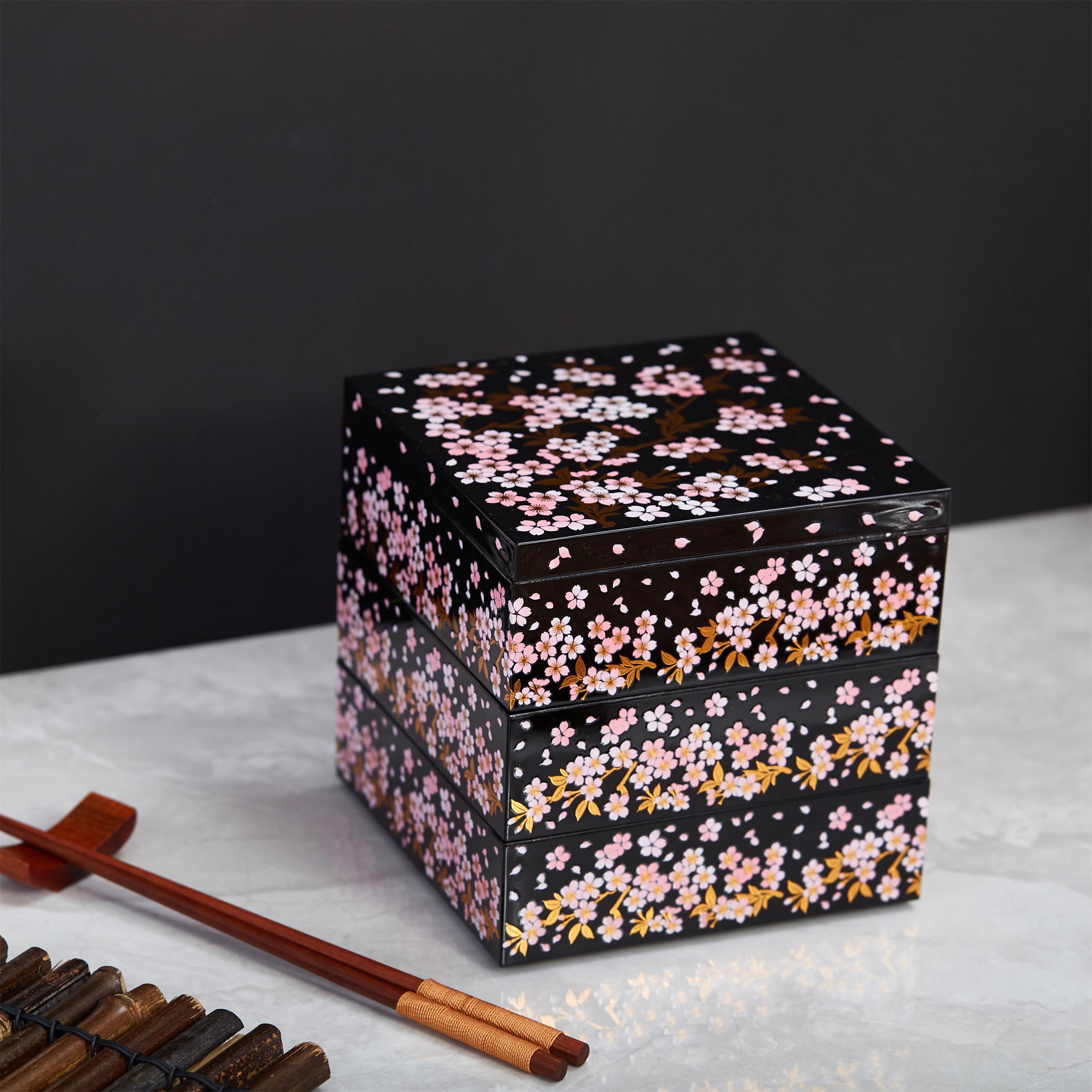 小号中号三层日式富士山樱花烫金寿司盒新年便当盒野餐盒点心盒