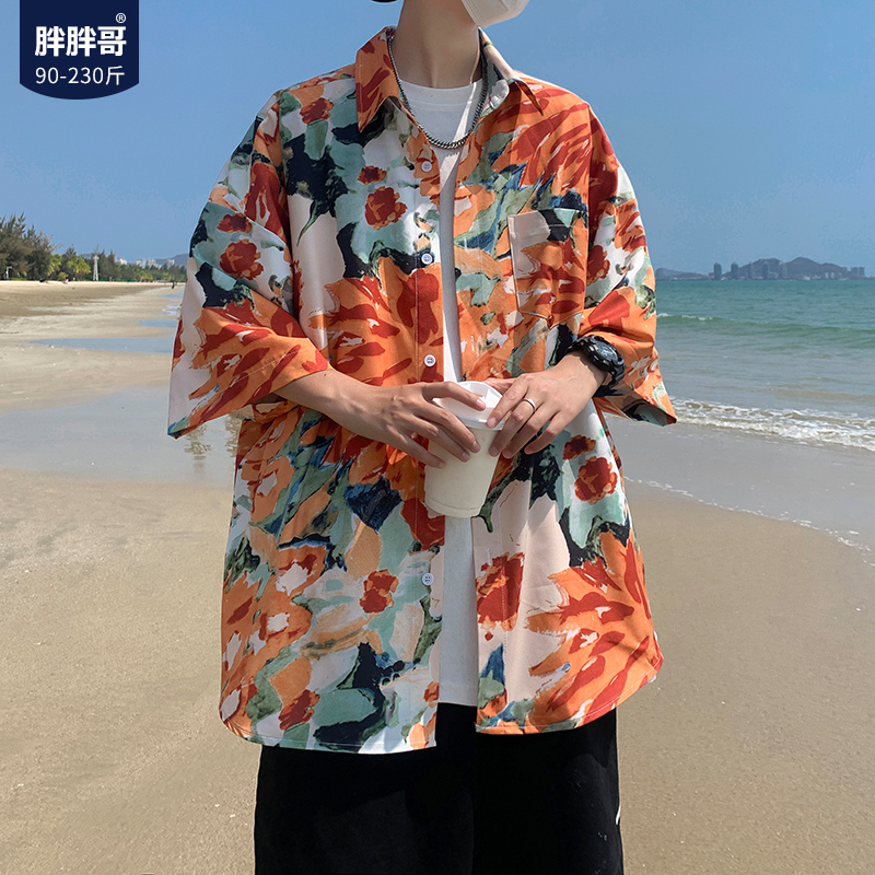 出差夏威夷花衬衫男士夏季短袖宽松沙滩薄款衬衣复古休闲潮流外套