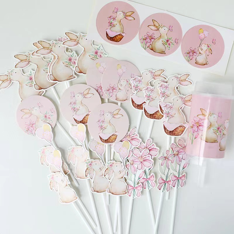 粉色手绘兔子甜品台装饰蛋糕插牌摆件满月百天周岁生日推推乐