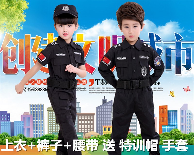 儿童警察服黑猫警长衣服小交警演出服男童交警警官服万圣节表演服
