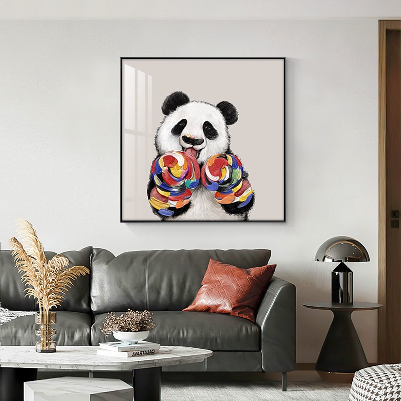 简约现代餐厅装饰画客厅轻奢大气沙发背景墙挂画卡通熊猫艺术壁画