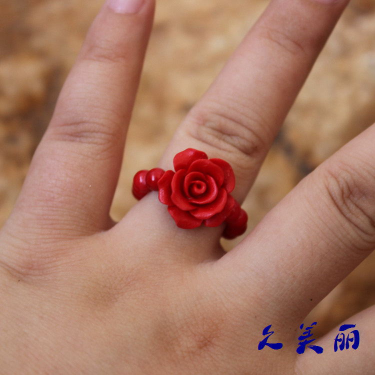 手工原创简约民族风饰品漆雕女式玫瑰花戒子朱砂中国红戒指Z008