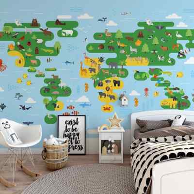 北欧现代清新卡通壁纸动物世界墙布儿童房男孩背景墙壁画地图墙纸