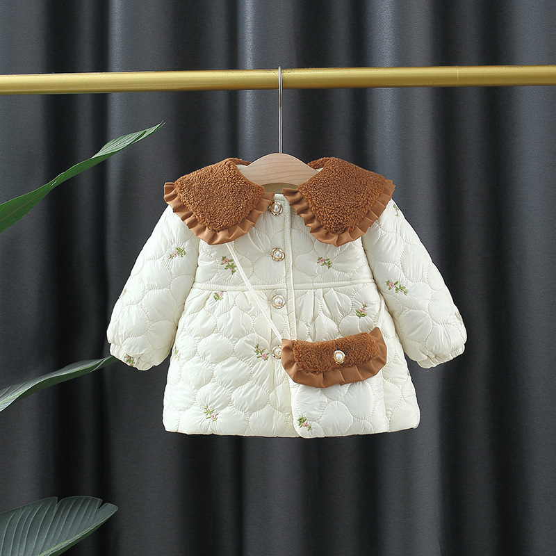 童装女宝宝冬装0-1-2岁冬季新款花边领女童外套 韩版加绒加厚棉衣