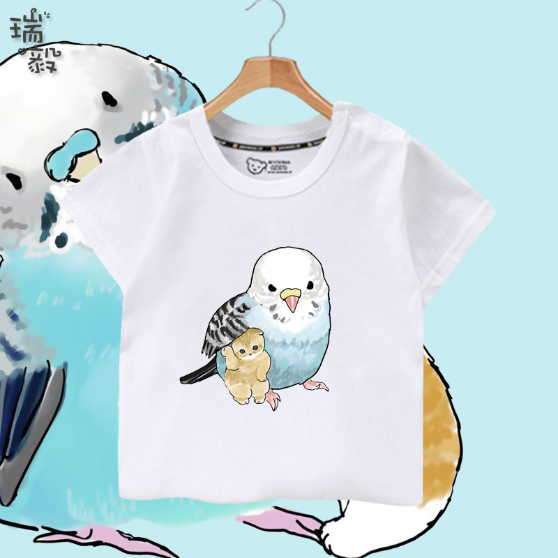鹦鹉玄风牡丹猫咪联名可爱日系涂鸦短袖t恤衫男女儿童装学生半袖