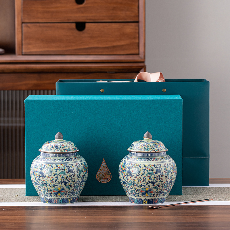 高档复古红茶绿茶陶瓷茶叶罐家用青花瓷瓶密封罐礼盒包装空盒定制