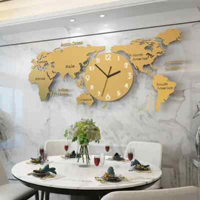 创意北欧简约挂钟亚克力大号世界地图时钟客厅静音壁钟表开业礼物