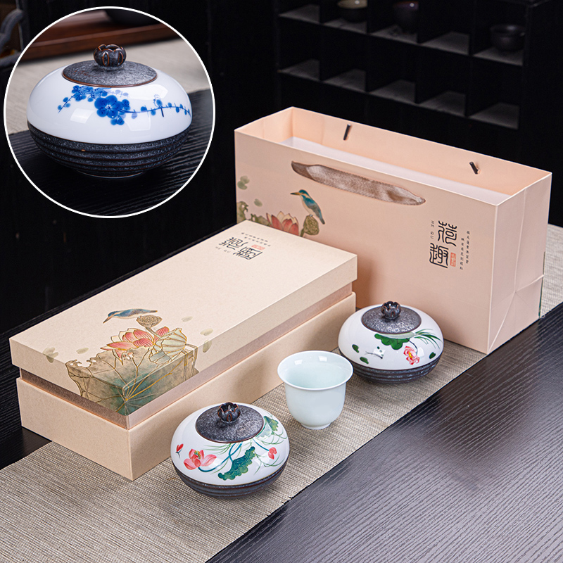 荷青瓷手绘绿茶陶瓷茶叶罐礼盒包装空盒龙井安吉白茶红茶定制logo