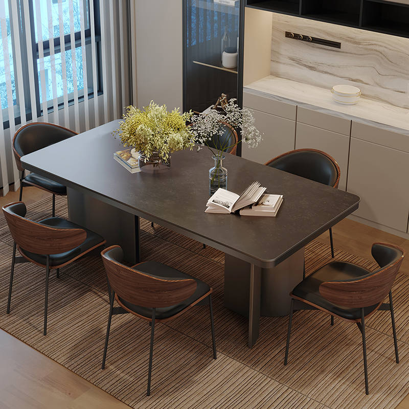简约现代长方形意式复古黑色岩板餐桌椅组合极简大户型家用饭桌子