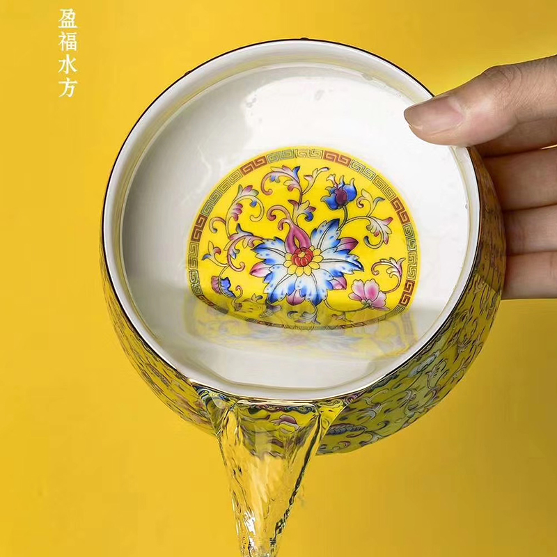 柒彩珐琅—盈福水方 小号水洗器形圆润,也可作花盆，果盘或茶点盘
