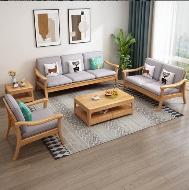 北欧全实木沙发组合简约现代布艺贵妃转角小户型三人位客厅家具