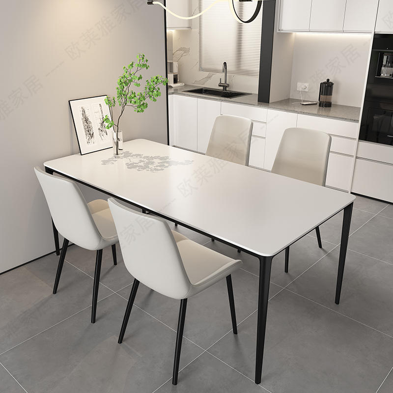 意式岩板餐桌轻奢现代家用小户型长方形吃饭桌白色奶油风桌椅组合
