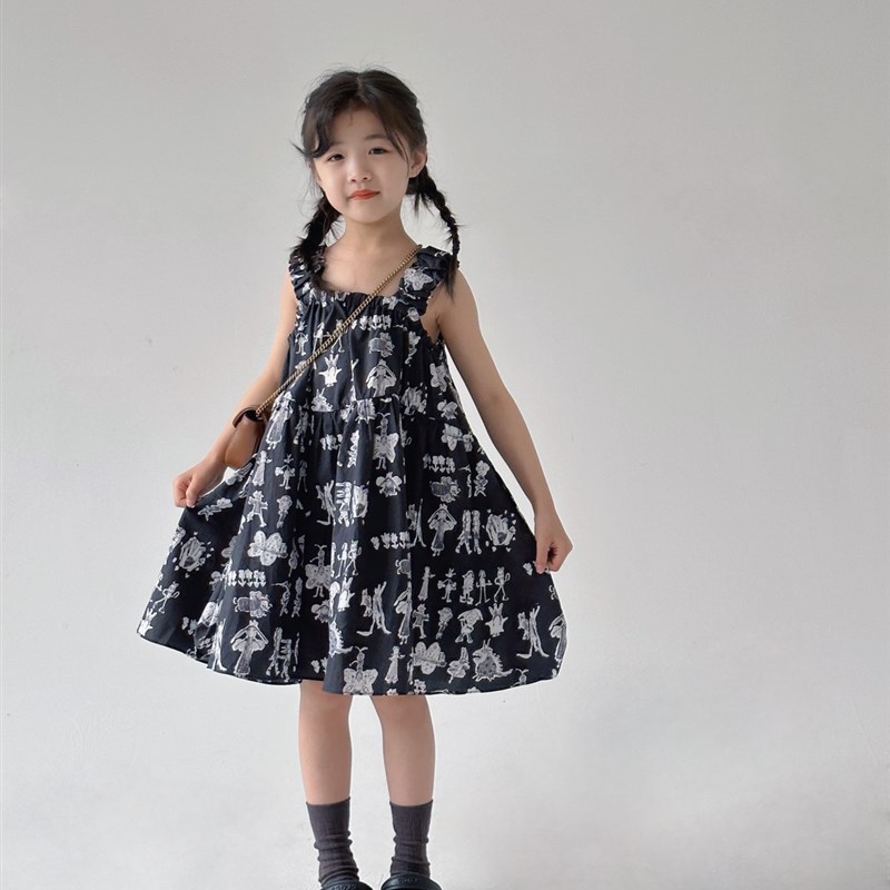 急速发货2023女童韩版夏款新款童趣印花吊带洋装