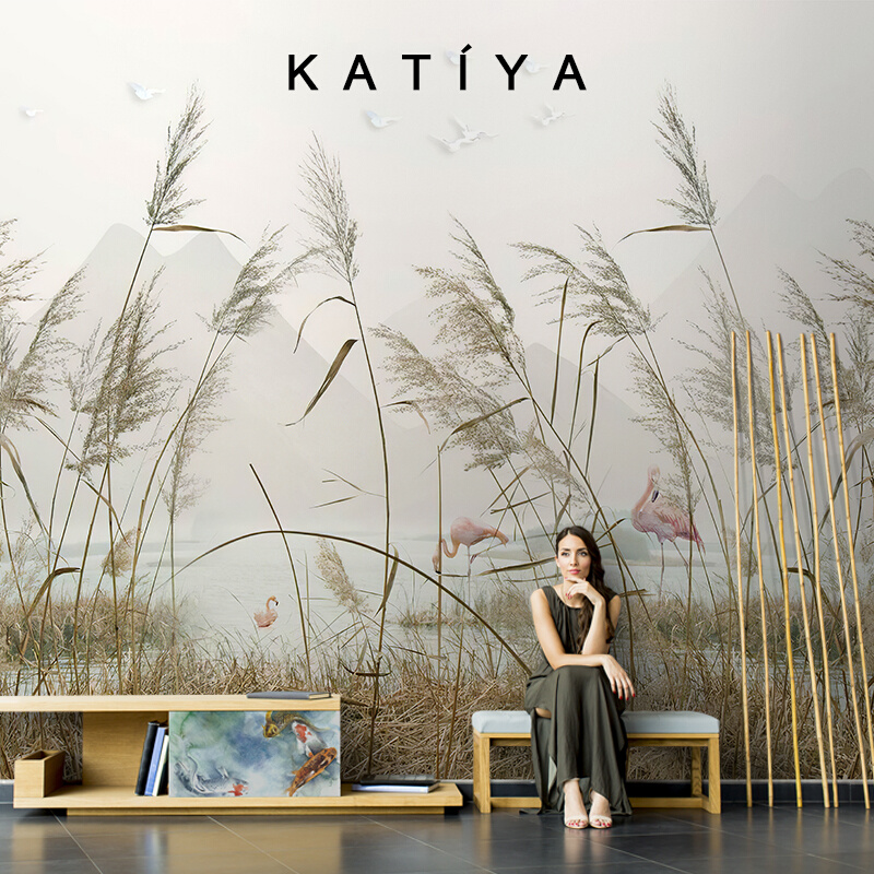 Katiya北欧抽象艺术芦苇草丛山水风景画油画布客厅电视背景墙壁纸
