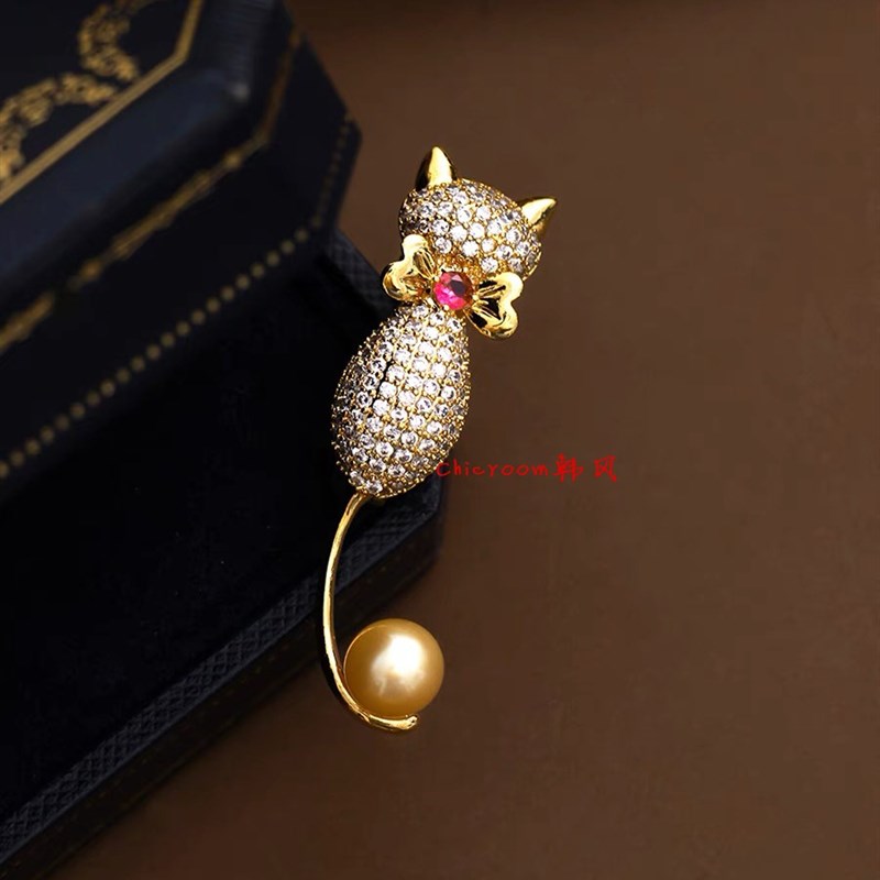 新品法国原创小众设计师品牌 童趣优雅 天然海水金色珍珠可爱猫咪