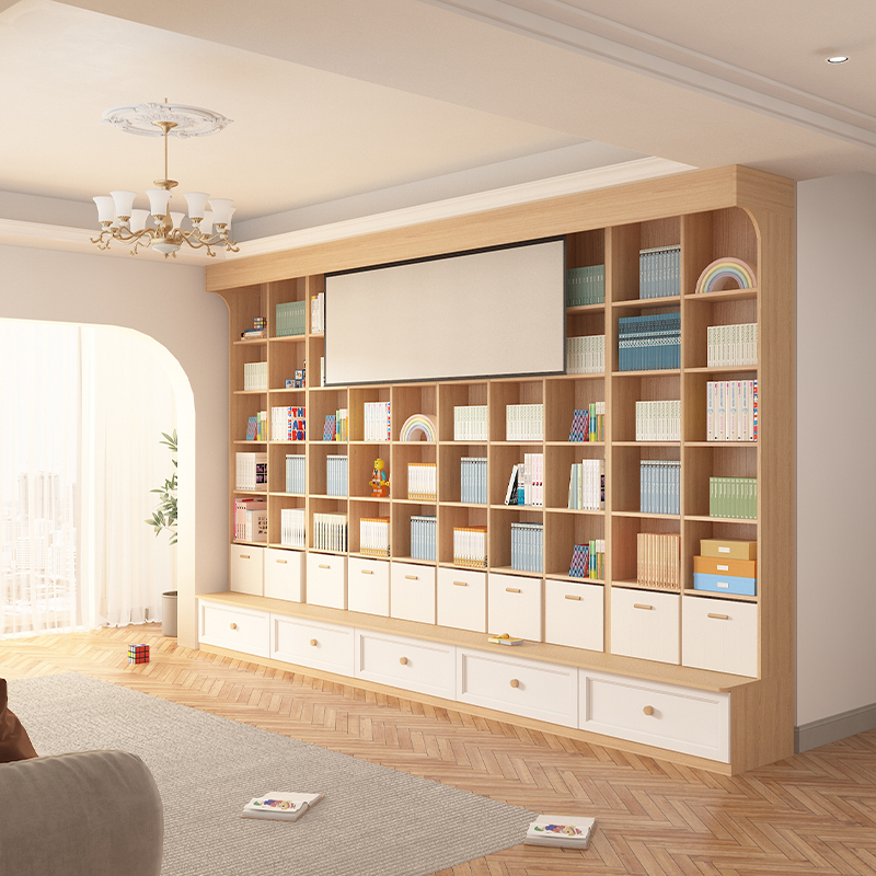 可比熊满墙书柜图书馆书架客厅到顶一体整墙儿童实木定制电视柜