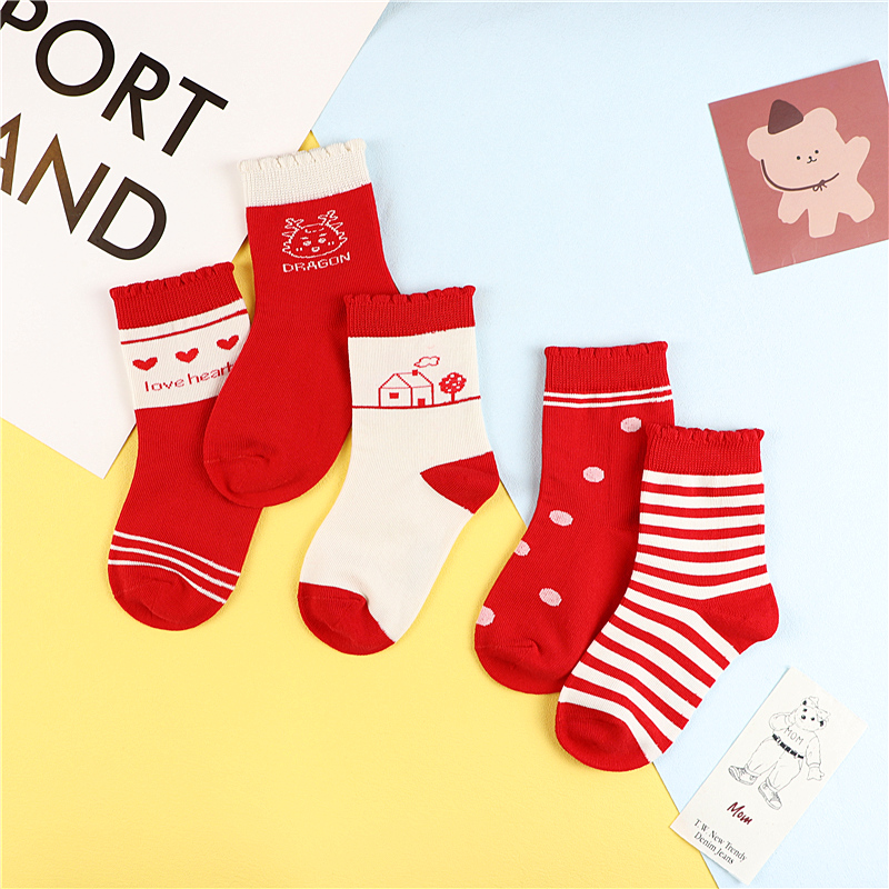 大红色儿童袜子红色年袜过新年圣诞袜秋冬中筒男童女童宝宝中国年