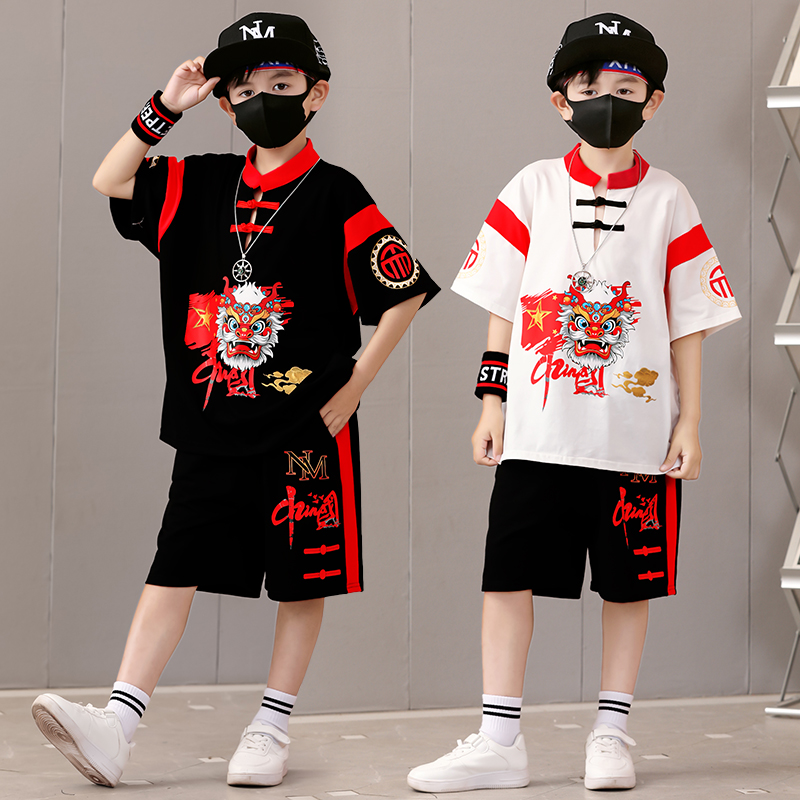 男童中国风国潮夏装儿童架子鼓演出服男孩嘻哈街舞表演服唐服套装