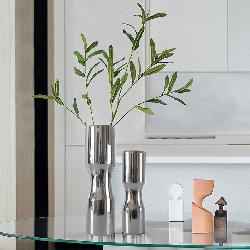 极速现代简约家居饰品北欧电镀银色陶瓷餐桌花瓶样板房软装饰艺术