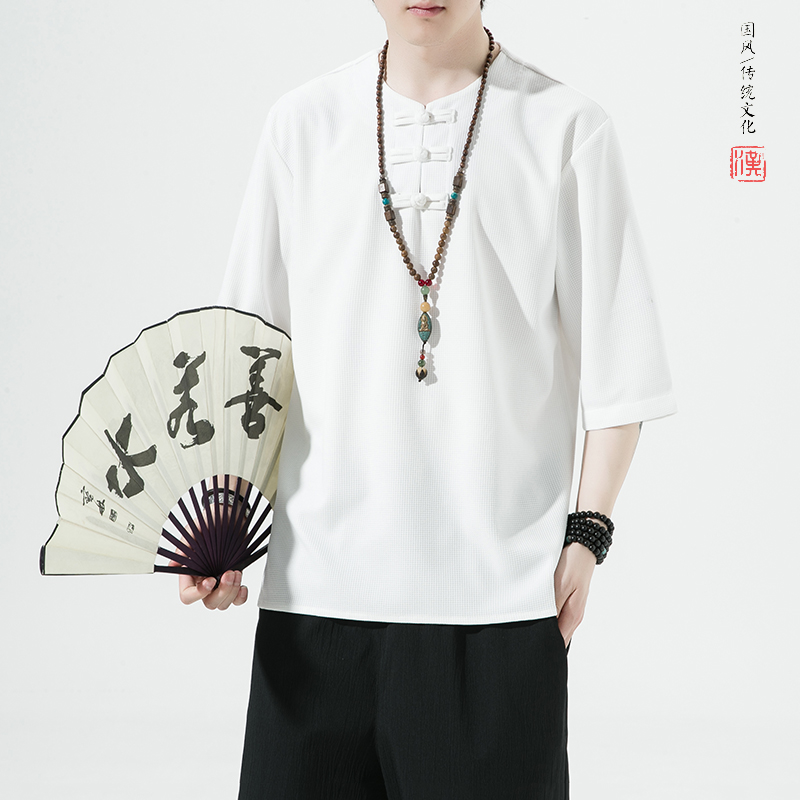 中国风男装夏季薄款短袖t恤男士大码半袖上衣唐装汉服居士服青年