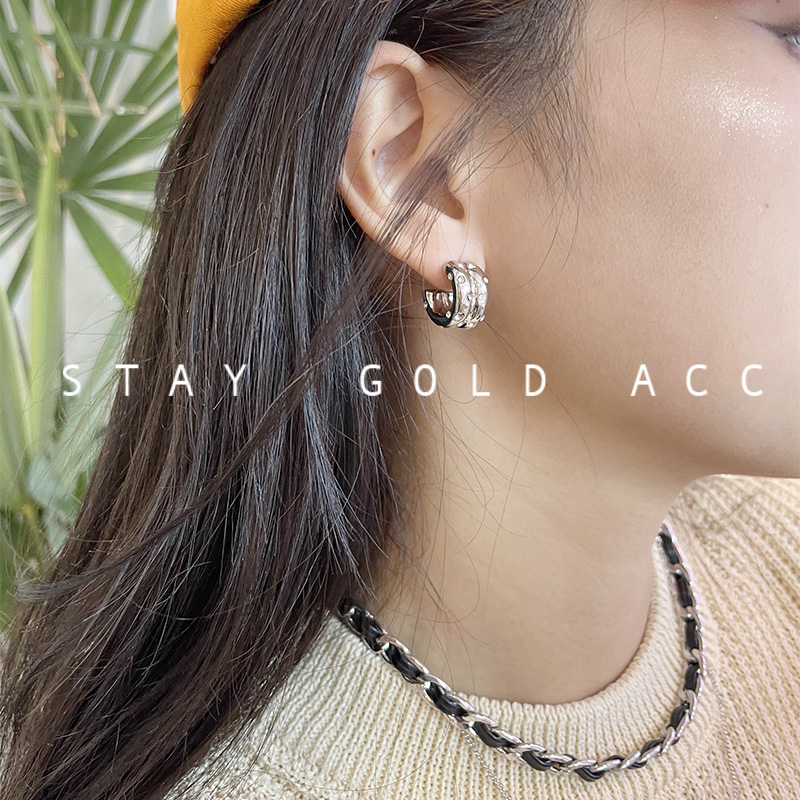 吃金acc法式复古双层镶钻锆石冷淡风质感s925银针耳环时髦耳圈女