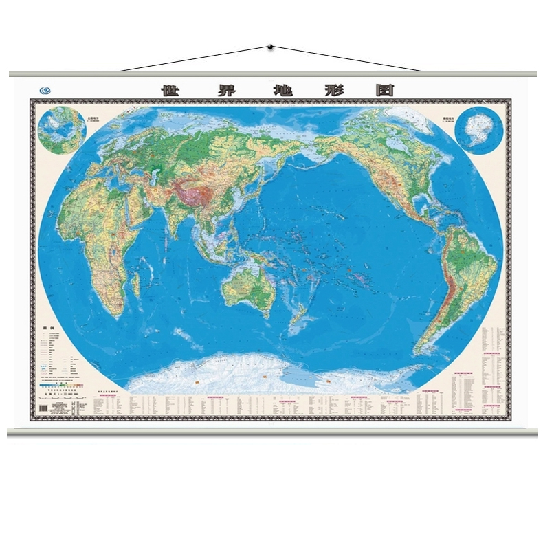 2022世界地形图挂图 平面地形挂图 1.5米x1.1米亚膜挂绳整张新世界地图挂图办公大尺寸世界地形地貌图办公室用家用等高线展示