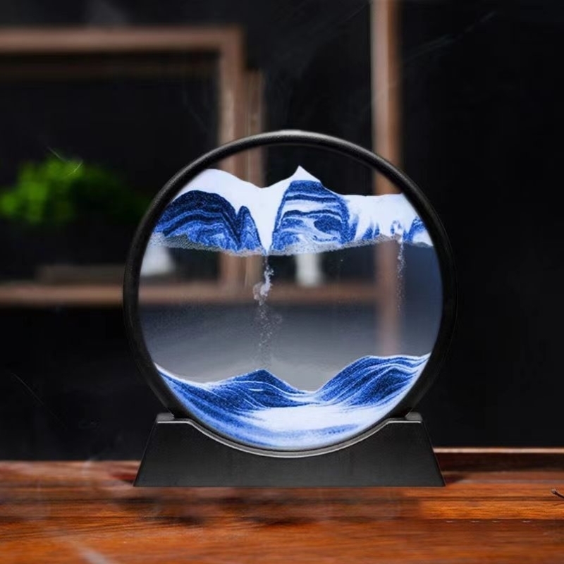 新款简约3D山水流沙画解压艺术圆形玻璃工艺品沙漏创意礼品摆件