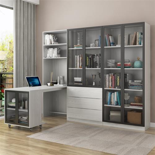 北欧书台书柜一体组合 简约转角电脑桌家用书桌伸缩书房家具套装