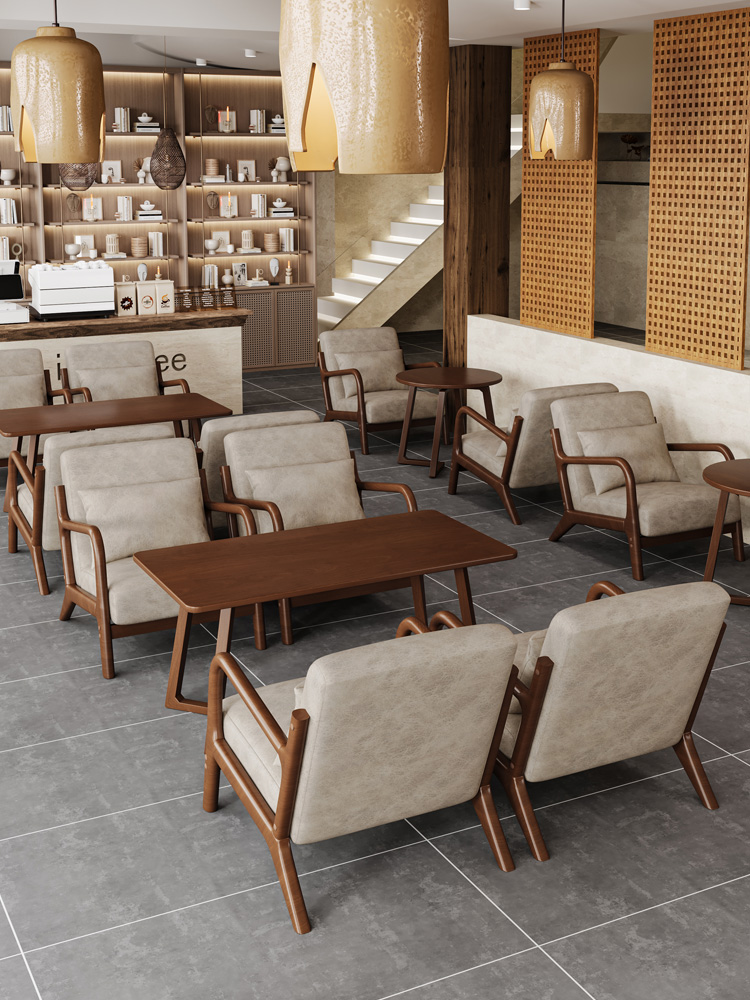 商用咖啡厅桌椅组合实木书店西餐厅茶楼复古清吧酒馆酒吧卡座沙发