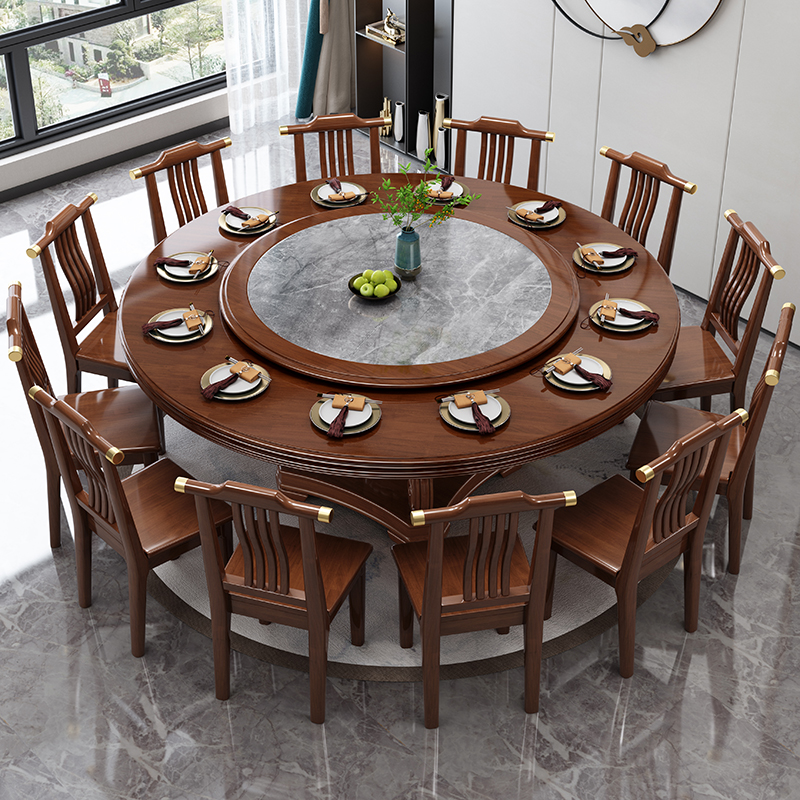 新中式实木餐桌椅组合酒店家用带岩板转盘 圆形吃饭桌子大圆桌2米
