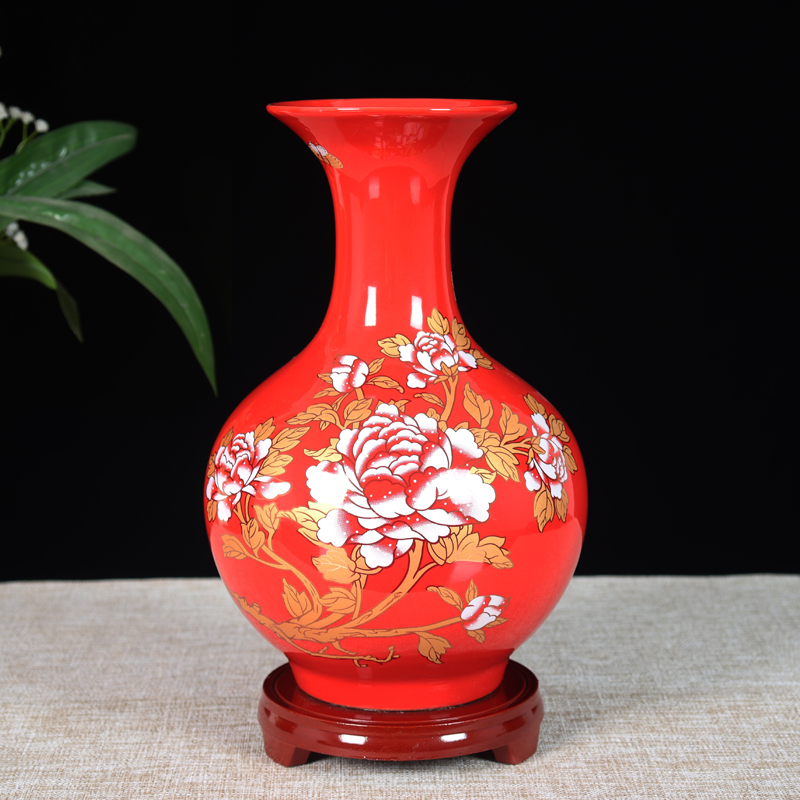 景德镇陶瓷器中国红花瓶摆件中式家居酒柜装饰品客厅插干花工艺品