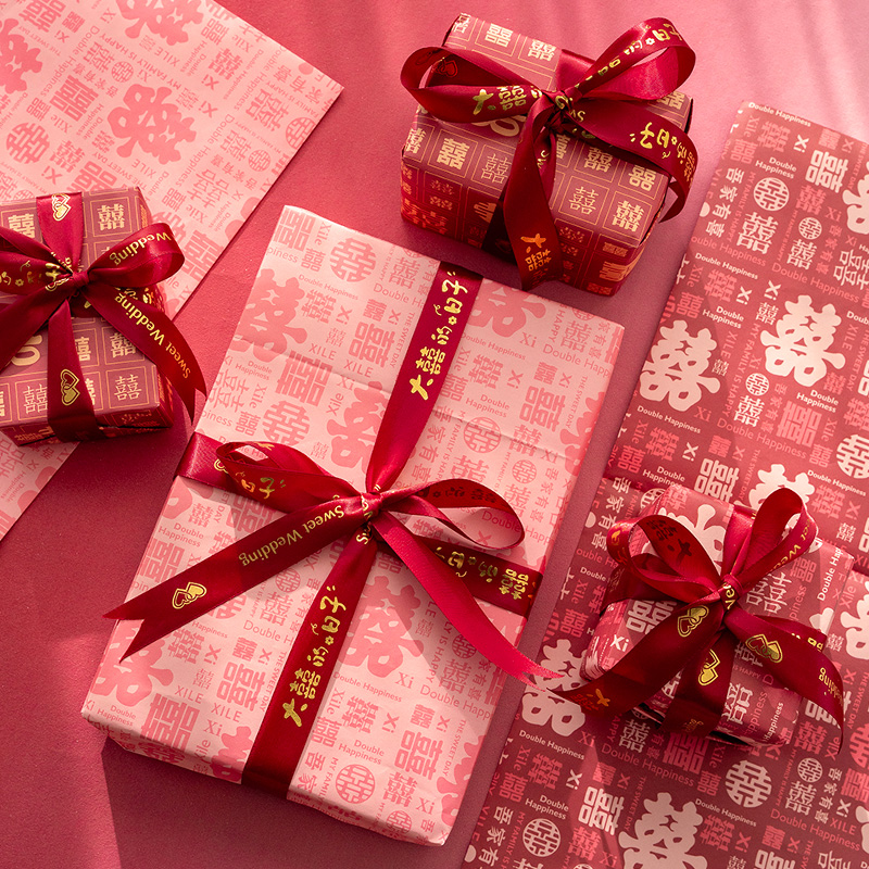 结婚礼物包装纸中国风红色礼品纸百喜图相框包装纸大尺寸礼物纸