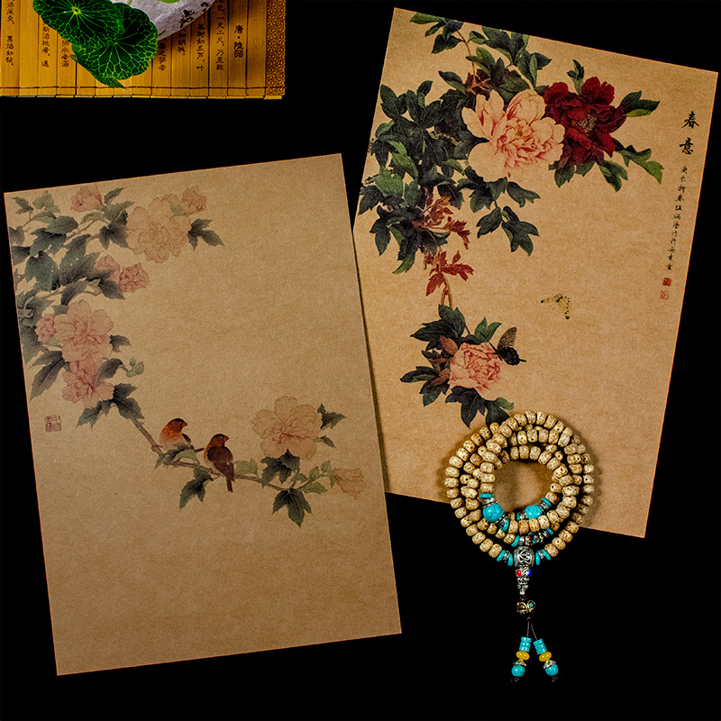 中国风花鸟卡片牛皮纸拍照背景纸复古风珠宝首饰美食摆拍摄影道具