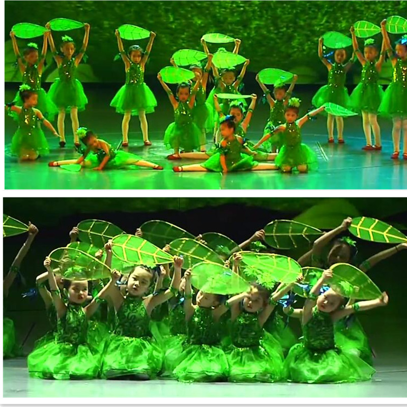 低碳贝贝舞蹈服绿色环保服春晓锄禾合唱演出服男女六一儿童表演服