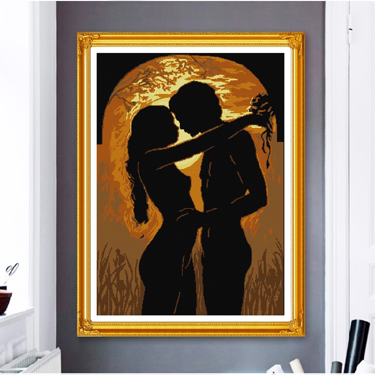 人体十字绣线月光下的情侣艺术性感大幅欧式客厅现代刺绣装饰挂画