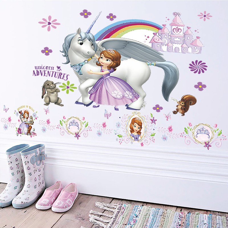 墙纸自粘卧室温馨迪士尼童话小公主苏菲亚墙贴女孩儿童房贴纸墙画