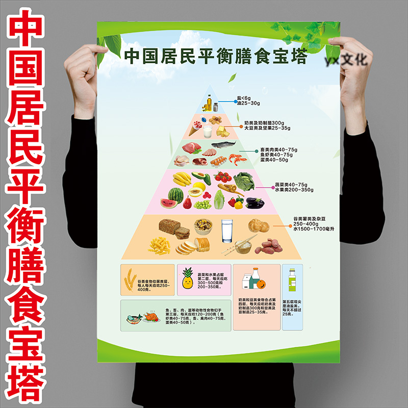 中国居民膳食宝塔挂图食物营养金字塔健康宣传贴纸常见食物热量表