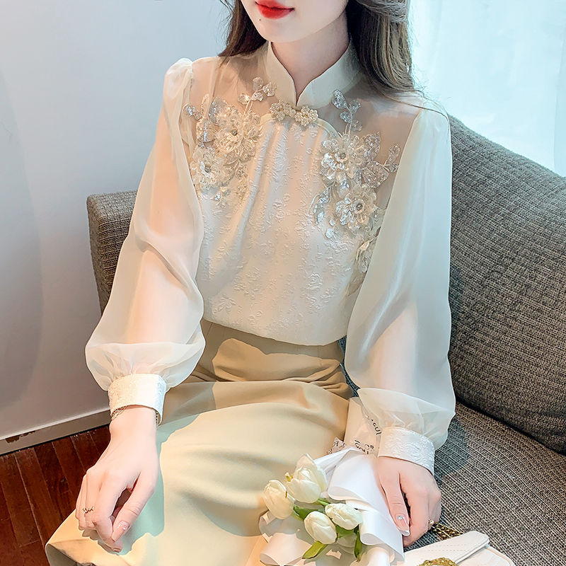 中国风复古盘扣立领雪纺衬衫女春装小众设计感上衣高级感重工小衫
