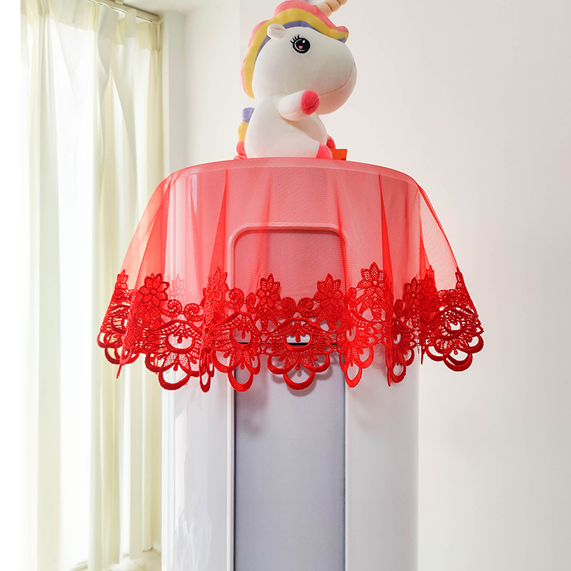 大红色喜庆蕾丝圆柱形立式空调巾结婚庆柜式防尘罩装饰美化盖布