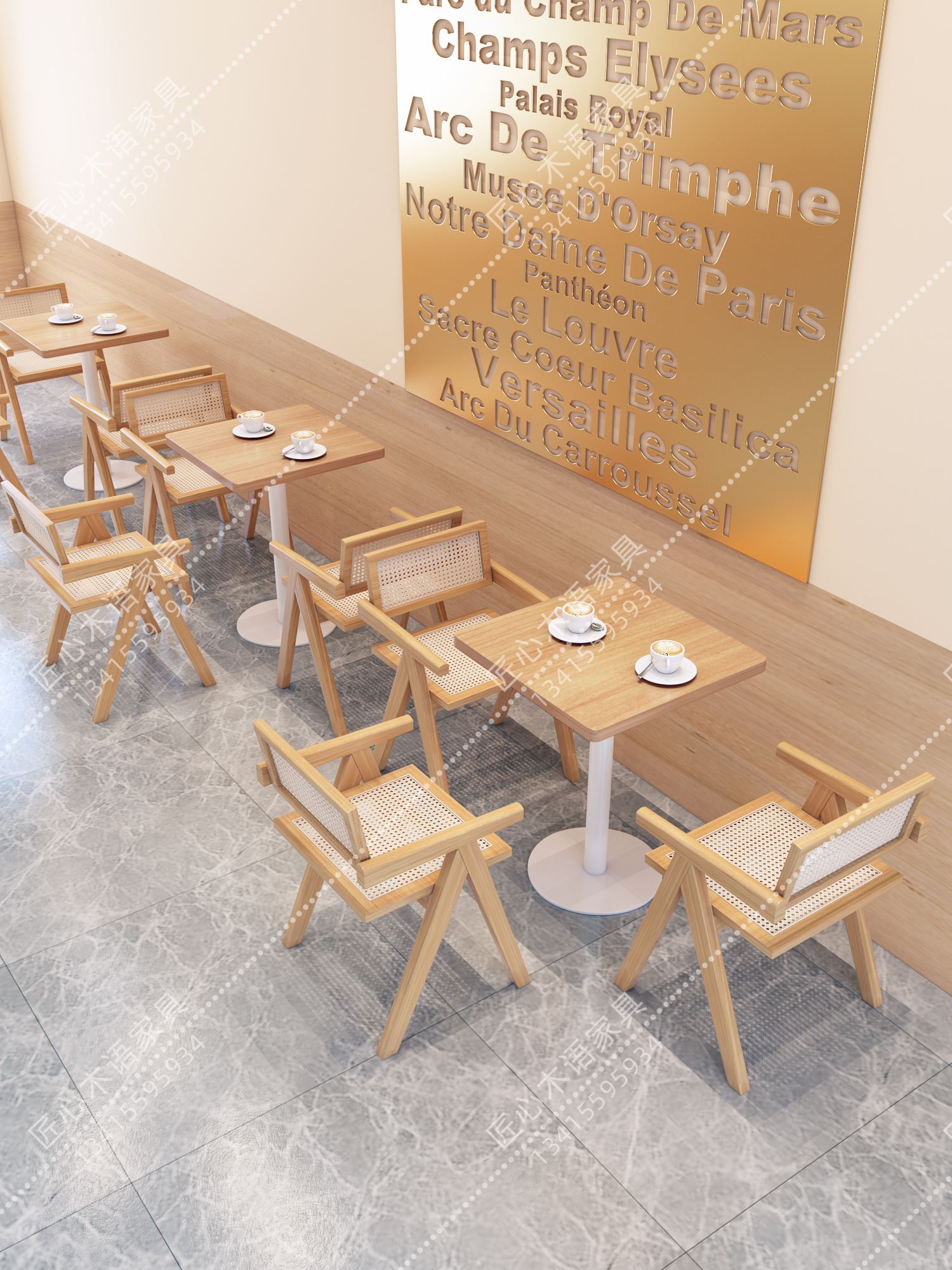 网红咖啡奶茶店桌椅组合实木藤编日式奶油风冷饮店茶餐厅餐椅商用