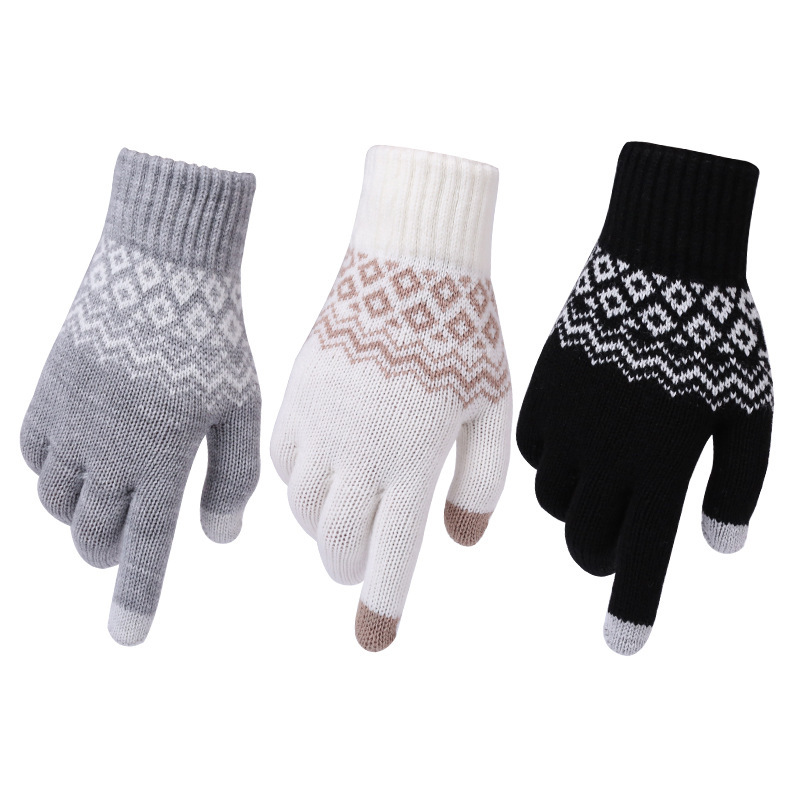冬季保暖加绒防寒提花针织手套男女通用均码触屏分指手套