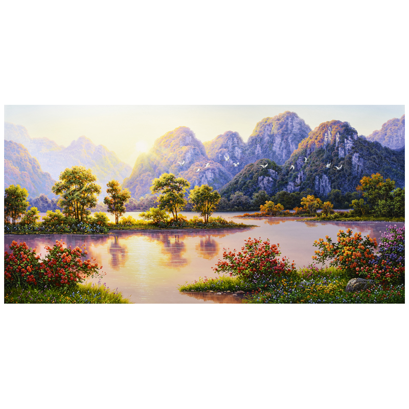朝鲜风景油画 宽1.6米 董俊浩白虎馆长人民《夕阳下的湖畔》xa428